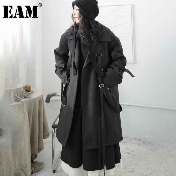 

women's trench coats [eam] women big size bandage thick warm lapel long sleeve loose fit windbreaker fashionautumn winter 2021 1dd2813, Tan;black