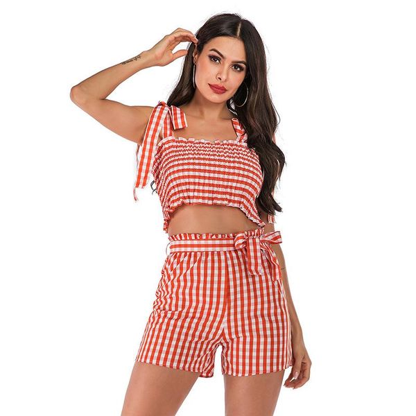 

two piece dress fashion women plaid print 2 set chiffon shorts crop strapless tank summer bandge waist short pants, White