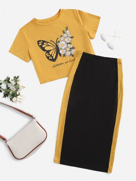 

letter & butterfly print tee and skirt set z7co#, White