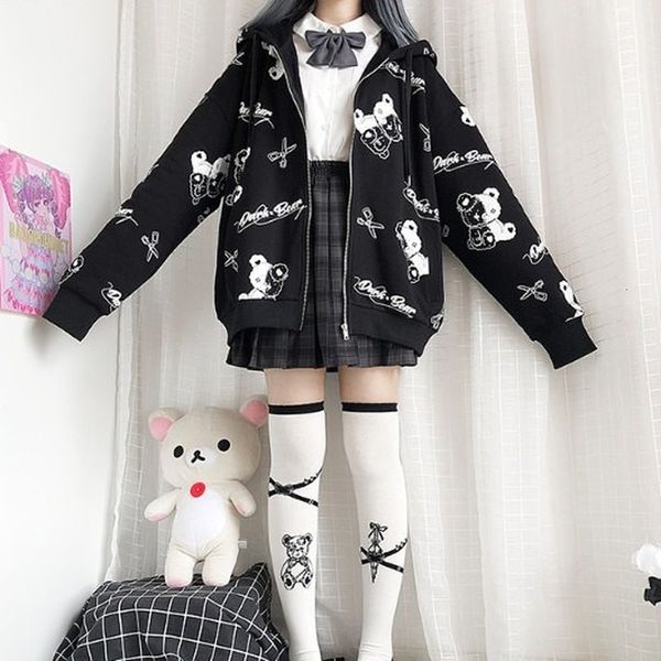 

camisola gtica feminina moda outono inverno roupas femininas hoodies coreano manga longa zip up hoodie mais veludo quente pulv p, Black