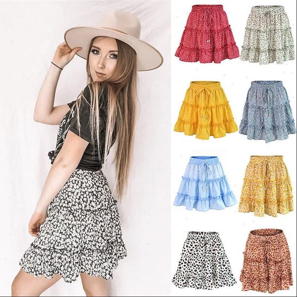 

women beach floral skirt ladies dot summer above knee high waist lace up casual fashion frills short mini skirts, Black