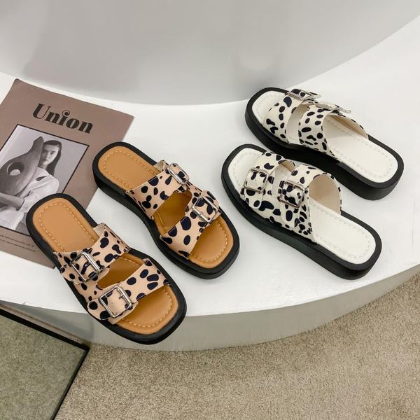 

sandals woman leopard snake print double buckle decorative set to wear open-toed flat bottom fashion casual and slippers, Black