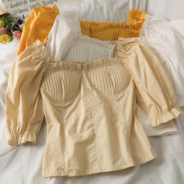 

women's blouses & shirts summer women crop short blouse ladies slim elastic slash neck sweet folds feminine pullover shirt, White