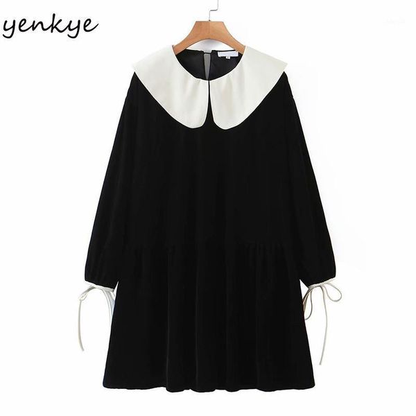 

vintage black velvet dress women lapel collar long sleeve casual loose winter plus size short robe femme dresses, Black;gray