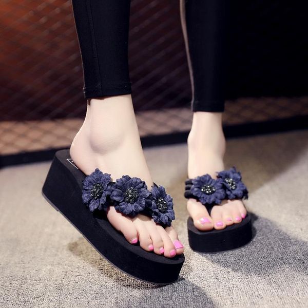 

slippers rubber flip flops med on a wedge hawaiian cotton fabric tpr pu, Black