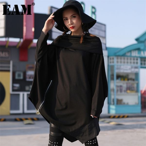 

[eam] loose fit irregular hem zipper sweatshirt scarf collar long sleeve women big size fashion spring autumn 1dd2682 210805, Black
