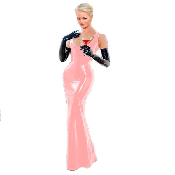 Плюс размер низкого вырезанного без рукавов длинные тощие платья женская элегантная коктейль вечеринка халат сексуальные женщины ПВХ длина лодыжки русалка платье