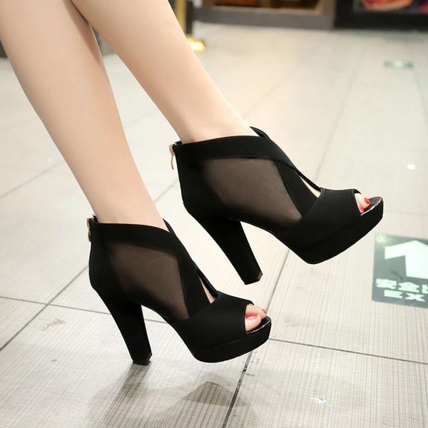 

women's sandals summer mh breathable high-heeled women's sho wind thick heel fish mouth, Black