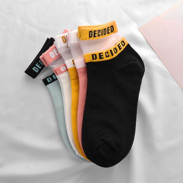 

1-pair fashion women korean style short casual soft cotton silk bright color breathing letters socks, Black;white