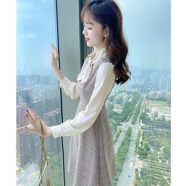 

casual dresses 2021 women dress vintage elegant bow collar female long sleeve high waist lady summer fashion knee length vestidos h16, Black;gray