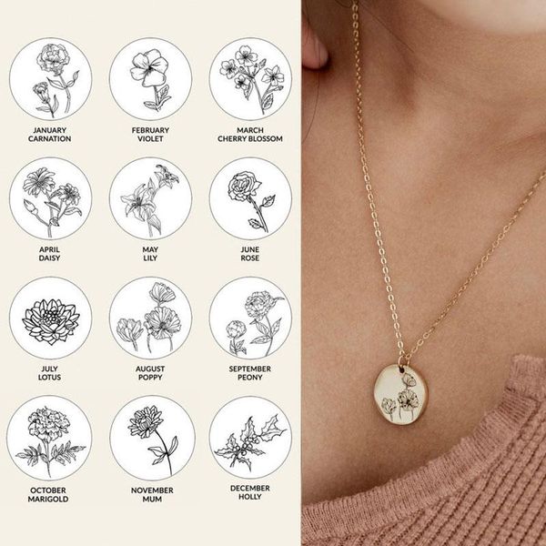 

chains birthday month flower custom personalized disc pendant necklace for mother's day gift, Silver