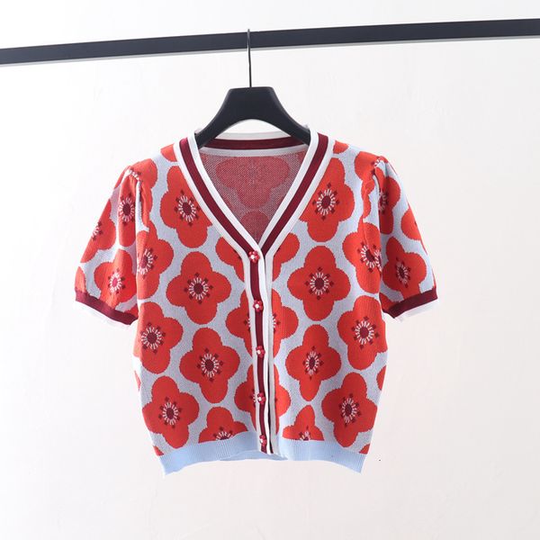 

t shirt 2021 summer french flower jacquard thin short sleeve sweater ice silk cardigan jacket women, White