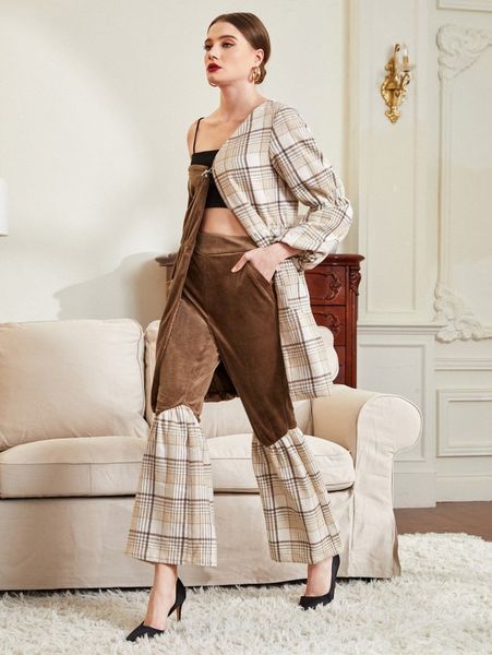 

x anissa benazza plaid print colorblock flare leg velvet pants c5m6#, Black;white