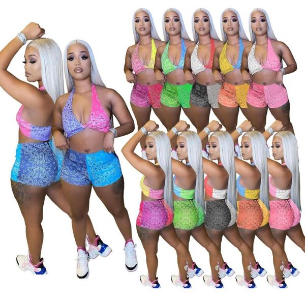 

women's tracksuits 2 color block matching summer beach two pieces outfits printed swimsuit suit halter crop and mini shorts, Gray