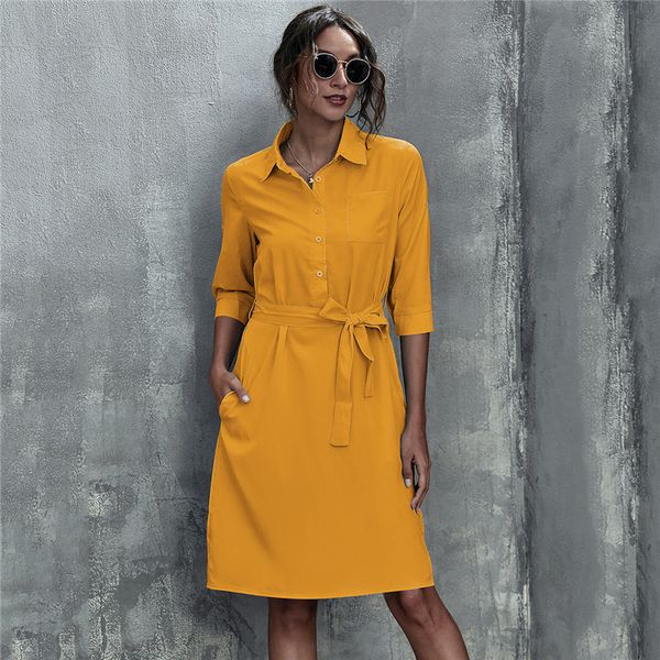

autumn women solid shirt dress three quarter sleeve turn-down collar vestido winter fashion elegant loose button lace up dresses, Black;gray