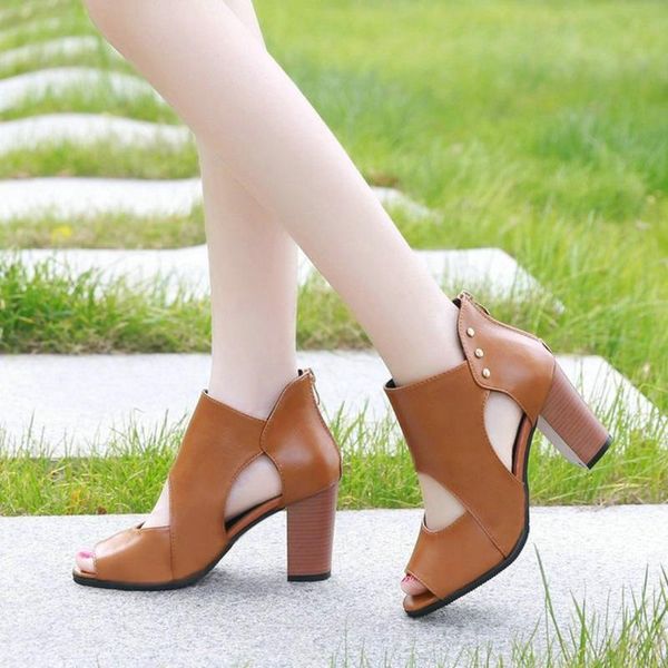 

summer new soft leather fish mouth sandals women's high-heeled shoes thick heel hollow air sandals wild women's shoes b61-53 jy, Black