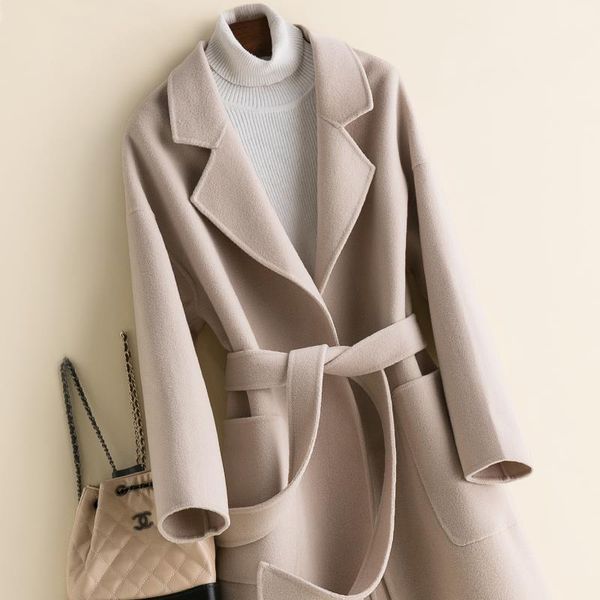 

women elegant long wool coat with belt ddouble-faced solid color long sleeve chic outerwear ladies overcoat autumn winter 2020, Tan;black