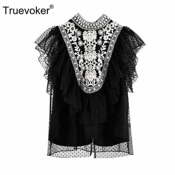 

truevoker summer designer black lace women's butterfly sleeve gold thread embroidery sheer blouses 210602, White
