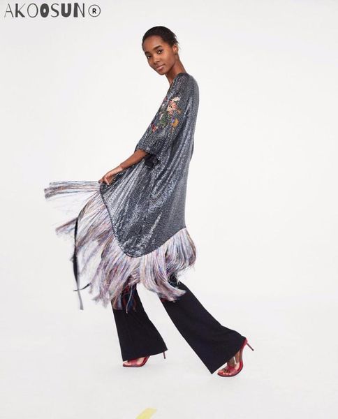 

women's jackets bop 2021 summer fashion floral embroidered and sequinned wrap kimono dress with tied belt v-neck half sleeves tassels h, Black;brown