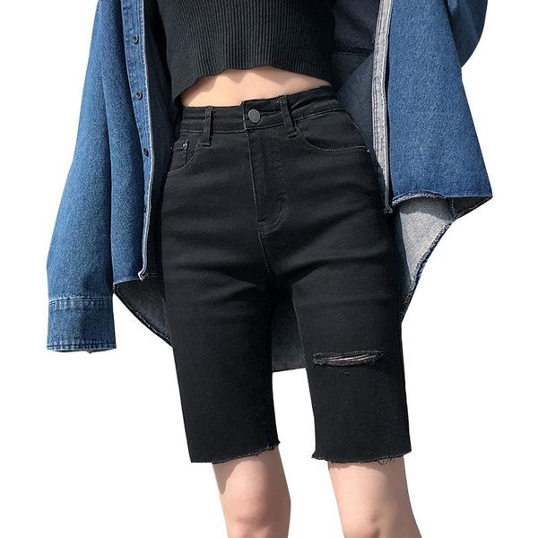 

2021 womens summer biker black jean shorts women summer slim fit denim shorts woman high waisted short jeans ripped hole, White;black