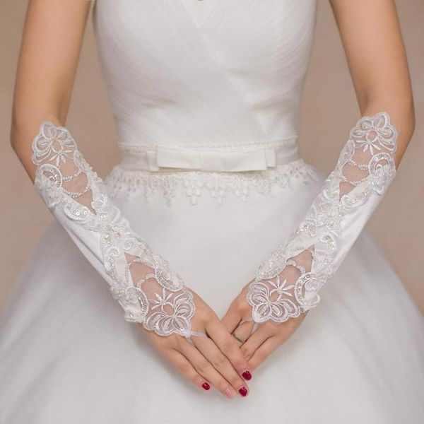 

bridal gloves 1 pair long lace white luva de noiva women beaded fingerless for wedding party guantes blancos 05405