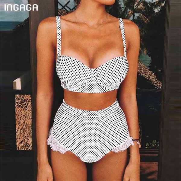 

ingaga up bikinis mujer 2021 lace swimwear women black swimsuit female high waist bathing suit dot biquini beach wear, White;black