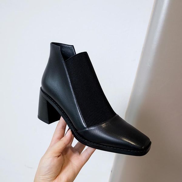 

women ankle boots natural leathe individual design europe and america british square toe vintage block heel elastic stitching, Black