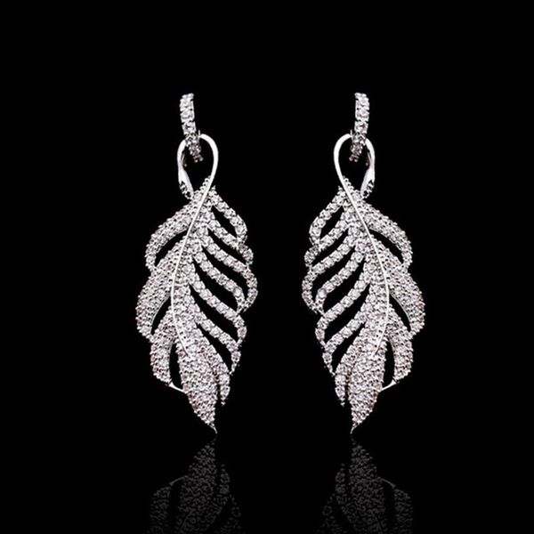 

dangle & chandelier fashion white feather earrings for women korea luxury jewelry micro pave cubic zirconia leaf design long earring, Silver