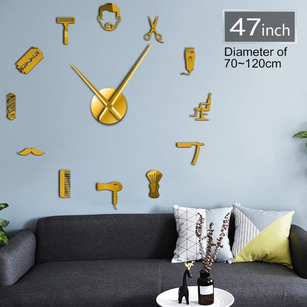 

wall clocks barber shop tools beard style frameless 3d clock male hairstyle mustache quartz acrylic size adjustable diy mirror sticker