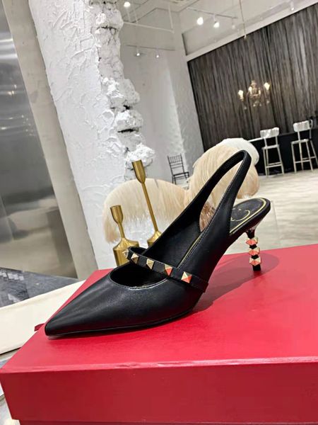 

2021 spring and summer new womens pointed toe high heel leisure sandals rivet hollow-out breathable increased stiletto womens shoes, Black