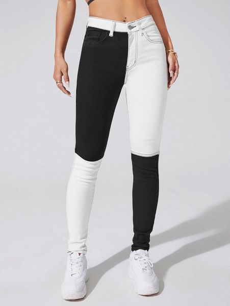 

color block high stretch skinny jeans x7ug#, Blue