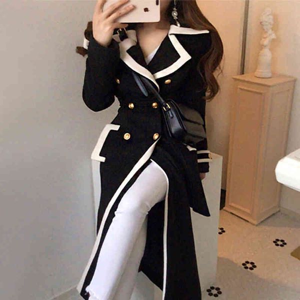 

women's jackets [ewq] korean temperament large lapel contrast color bonded metal double breasted bandage long sleeve tweed coat 16e4221, Black;brown