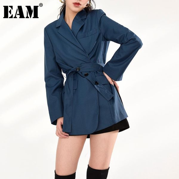 

[eam] women bandage blue temperament long blazer new lapel long sleeve loose fit jacket fashion spring autumn 2021 1z79005, White;black