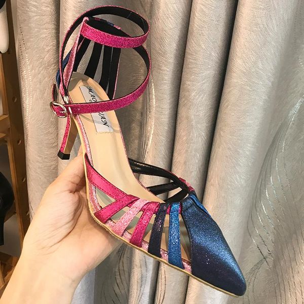 

sandals mixed-colors buckle strap women pointed toe high heels party wedding shoes fashion sapatos femininos, Black
