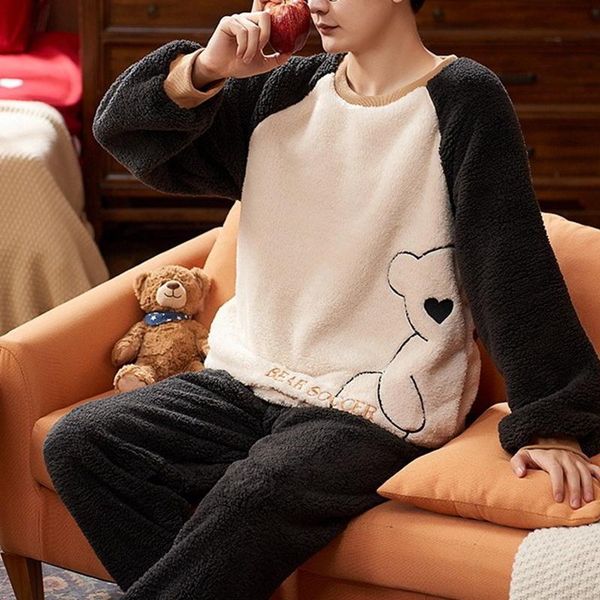 

men's sleepwear 2022 style pajamas set autumn winter warm flannel thicken male sets long sleeve +pant leisure, Black;brown