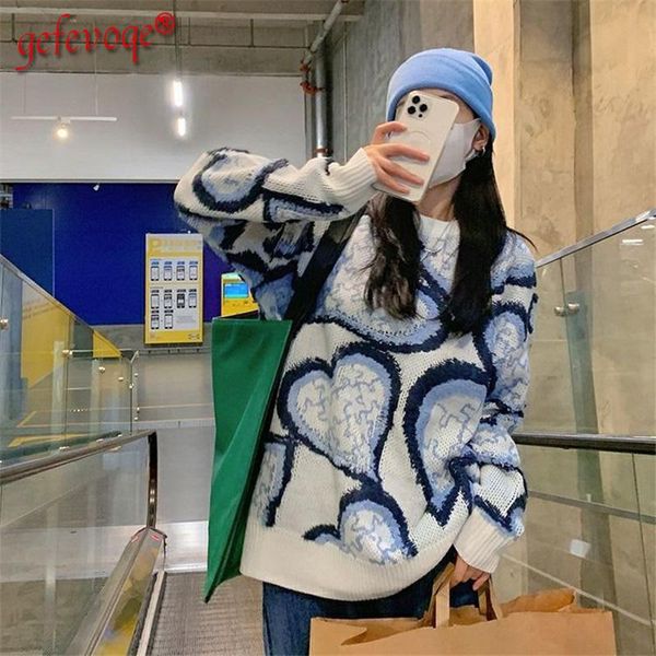 

women's sweaters autumn winter vintage clothes women 2021 casual love print korean fashion pullover ladies loose streetwear knitted, White;black