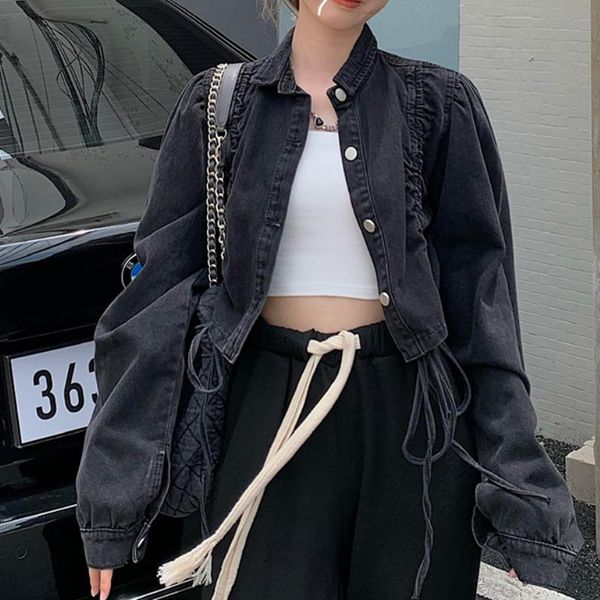 

women's jackets pleated short denim coat autumn fashion casual all-macth black loose drawstring, Black;brown