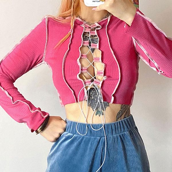 

women's t-shirt patchwork lace up long sleeve crop women ribbed party knitwear hollow out bodycon club tie front top, White