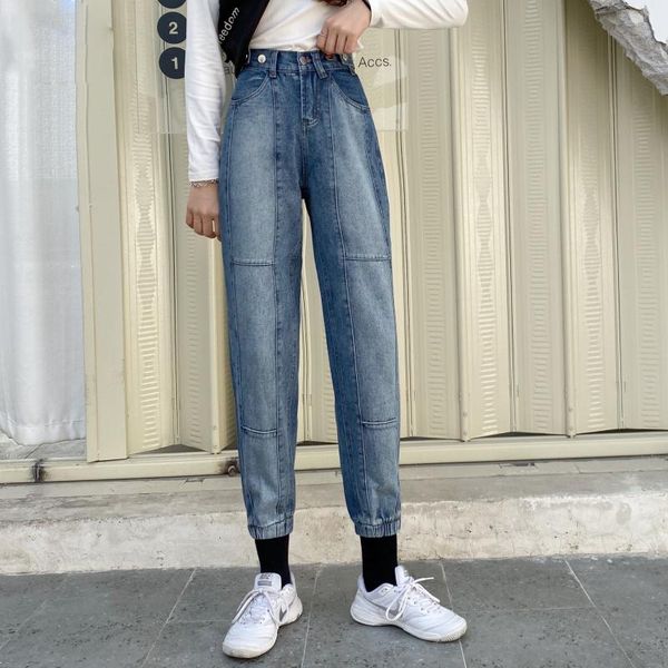 

women's jeans 2021 loose harem pants plus size women high waist denim with button elastic boyfriend woman, Blue