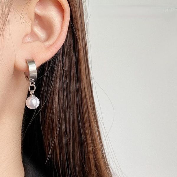 

hoop & huggie vsnow hiphop simulation pearl round ball earring for women stainless steel asymmetric geometric jewelry pendientes, Golden;silver