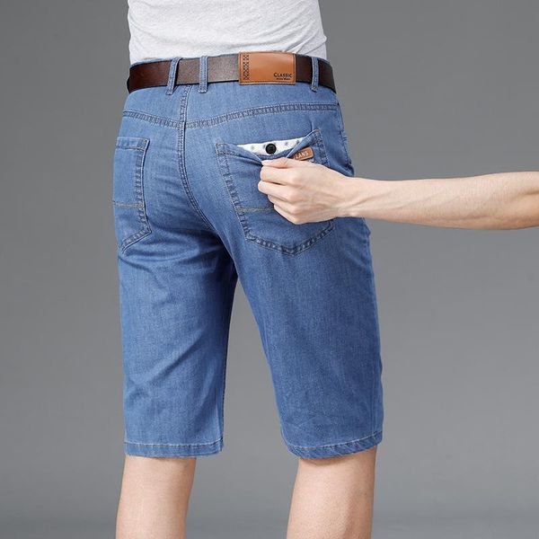 

quanbo 2021 summer new denim shorts men's smart casual ice silk thin comfortable cotton classic jeans shorts, Blue