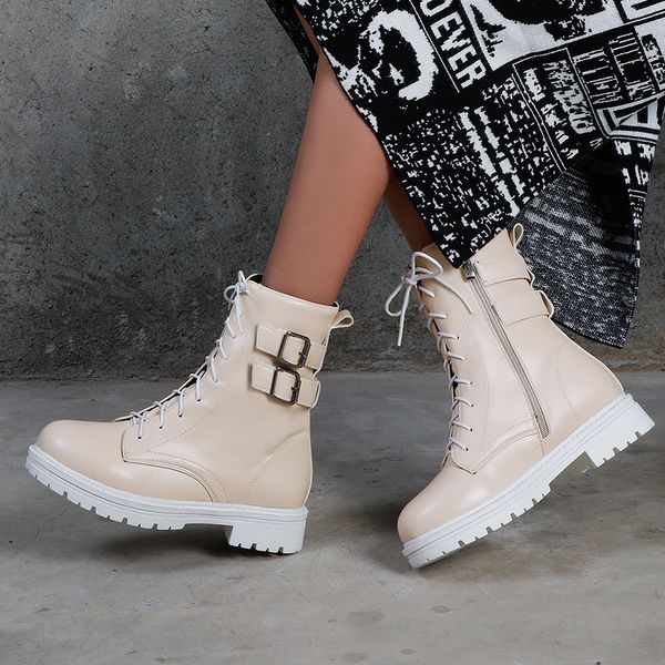 

dual metal cross buckle classic street belt fashion women's wear-resistant with a thick bottom side zipper lace ankle boots g0sd, Black