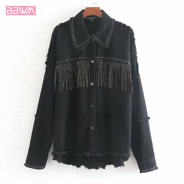 

women's jackets army green lapel stylish oversized beading decorate denim women jacket tassel long sleeve coat female outwear loose bl, Black;brown