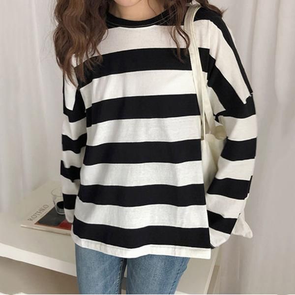 

striped shirt woman casual loose long sleeve blouse girlfriends tee nyz shop, White