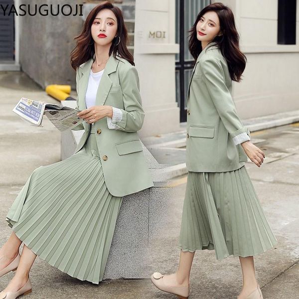 

two piece dress yasuguoji women slim fit blazer and pleated skirt two-piece set 2021 spring female elegant elastic waist suits with belt, White