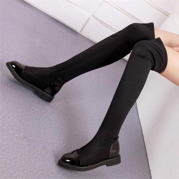 

boots spring and autumn winter round head elastic cloth women's plush knee thin leg black long tube high