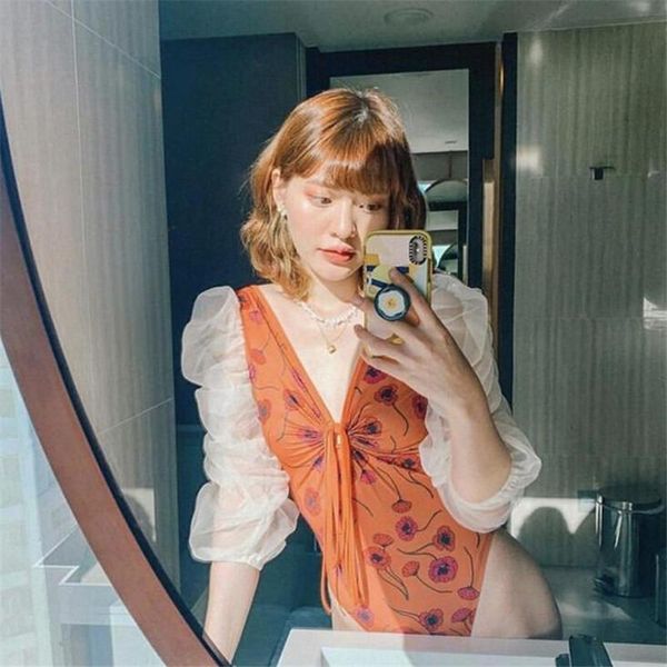 

one-piece suits 2021 runched long sleeve swimsuit vintage one piece ruffled deep v print bodysuits swimwear women monokini bathing