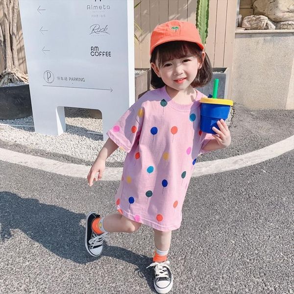 

girls long t shirts summer girl dress cotton short sleeve toddler color balloon round neck casual dresses, Red;yellow