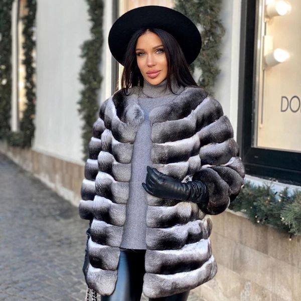 

women's fur & faux 2021 fashion women real coat winter full plet genuine rex jacket chnchilla color trendy overcoat luxury, Black