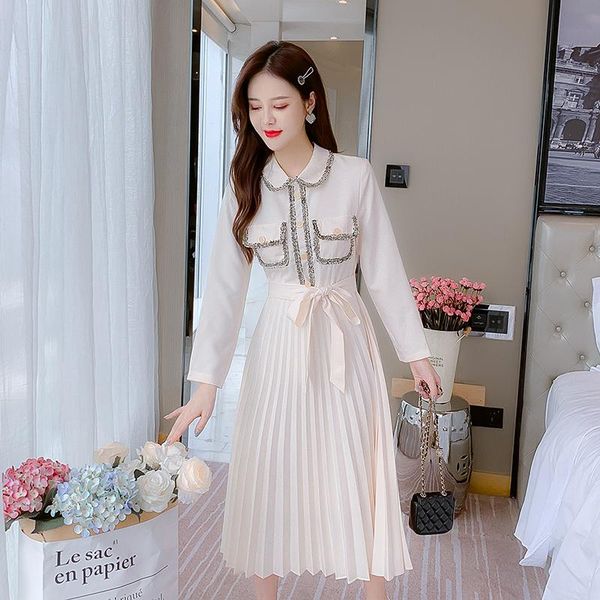 

spring autumn temperament dress lapel long sleeves pleated elegant women's dresses female casual, Black;gray